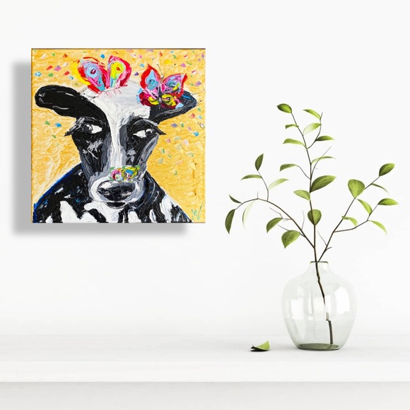 Cow Wall Art Butterflies Painting Original Canvas - Picture 4 of 13
